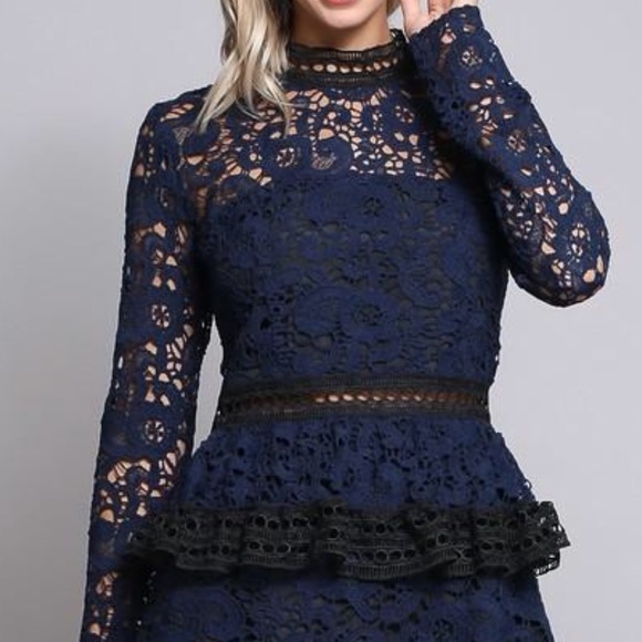 ❗️CLOSING SALE❗️Navy Lace Ruffle Bottom Dress - Picture 3 of 4